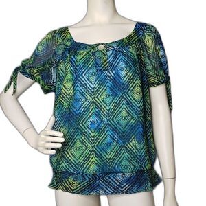 DRESS BARN Short Sleeve Blouse Blue Green Abstract Print Womans Size XL